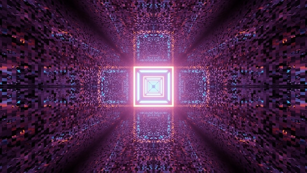3D illustration of creative geometric cross shaped pattern glowing in dark tunnel with colorful tiled walls as abstract