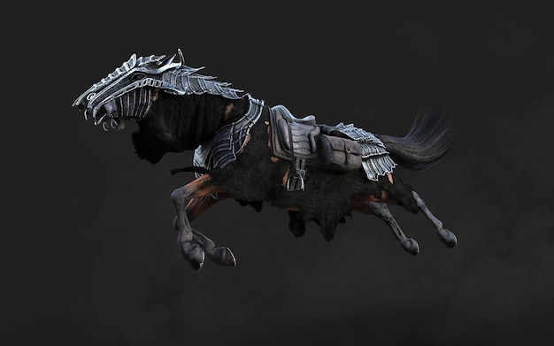 3d Illustration of A creepy armored dark horse pose on black background with clipping path.