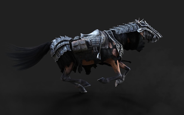 3d Illustration of A creepy armored dark horse pose on black background with clipping path.