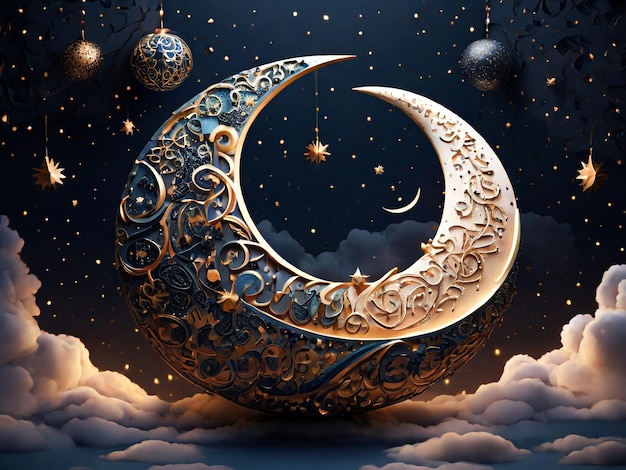 3D illustration of a crescent moon and stars adorned with Islamic calligraphy