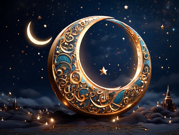 3D illustration of a crescent moon and stars adorned with Islamic calligraphy