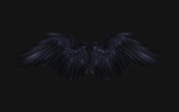 Photo 3d illustration crow wing, demon wings, black wing plumage isolated on black background