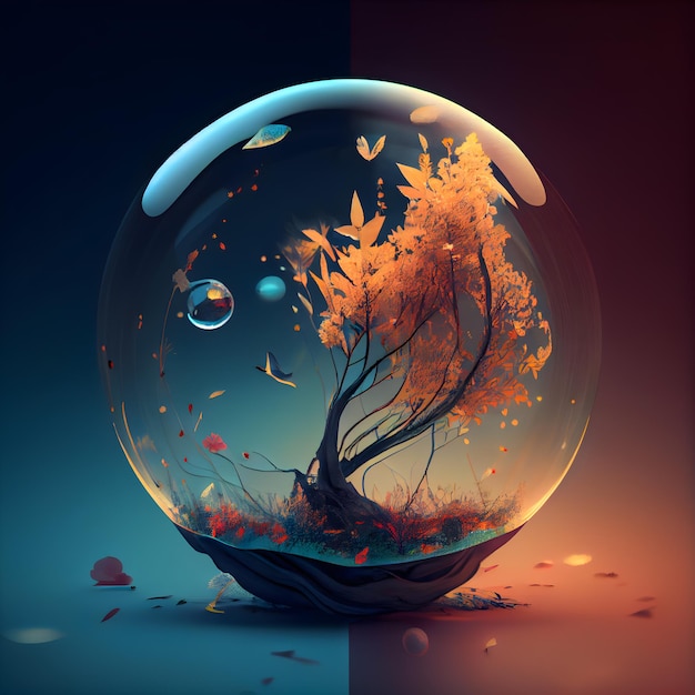 3d illustration of a crystal ball with an autumn tree inside