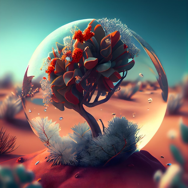 Foto illustrazione 3d di una sfera di cristallo con fiori nel deserto