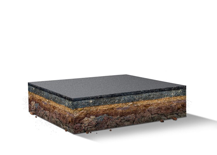 Photo 3d illustration of cubical soil land geology cross section isolated with asphalt road and clouds.