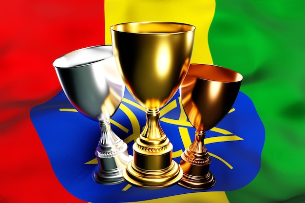 3d illustration of a cup of gold silver and bronze winners on the background of the national flag of Ethiopia 3D visualization of an award for sporting achievements