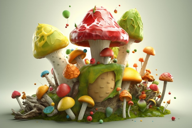 3d illustration of a cupcake with fruits and nuts on green moss