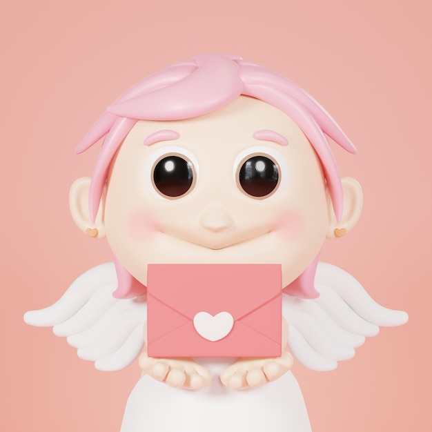 Photo 3d illustration of cupid holding a love letter on pink background