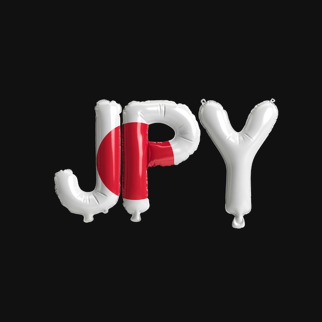 3d illustration of currency jpyletter balloons with flags color japan isolated on black