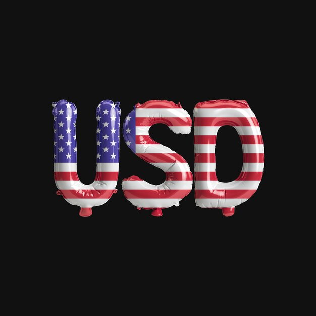 3d иллюстрация валютных шаров usdletter с цветом флагов сша, изолированных на черном