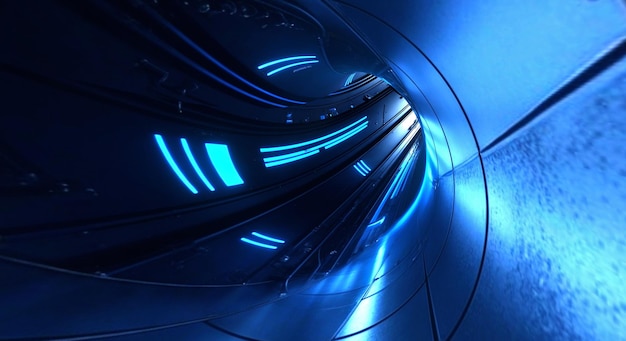 3d illustration of curved metallic circular tunnel interior with green and blue light refle