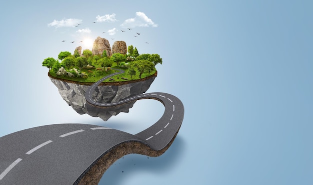 3d illustration of curved road with floating forest land with mountains, trees, animals isolated.