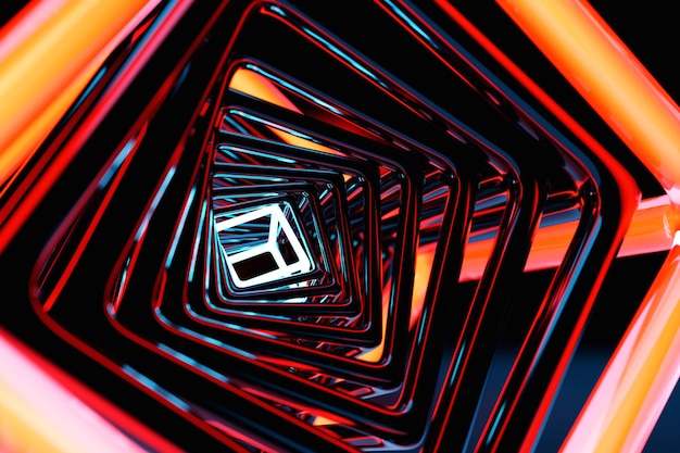 Foto illustrazione 3d corridoio quadrato curvo con pareti geometriche primo piano di un tunnel