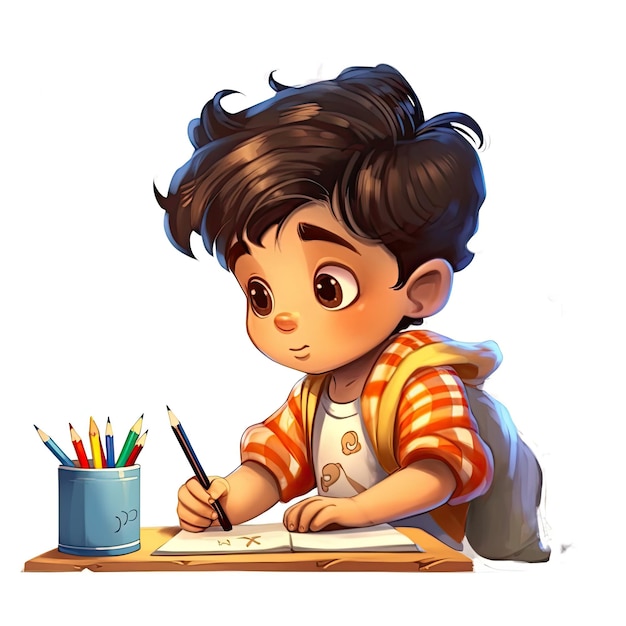 Photo 3d illustration of a cute 3 year old latin boy writing cartoon style ai generated