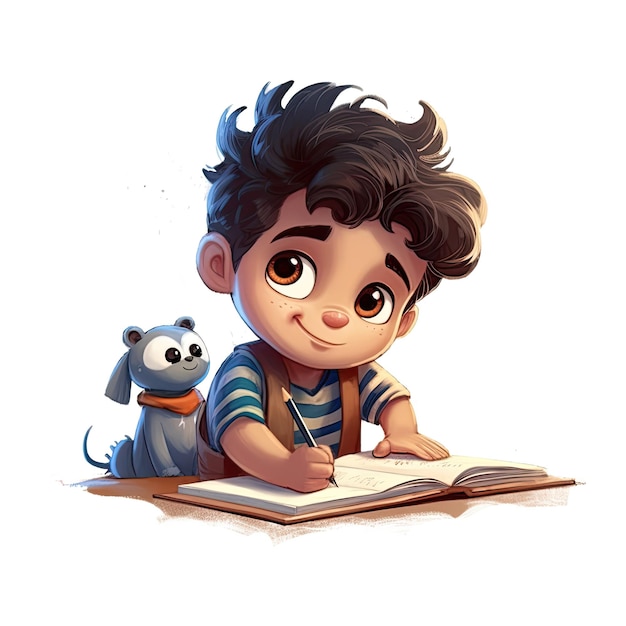 3d illustration of a cute 3 year old latin boy writing, cartoon style, AI Generated