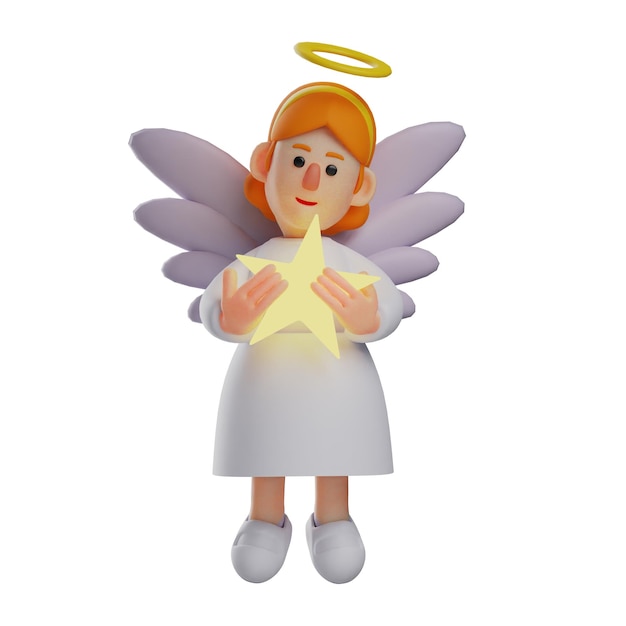 3D illustration Cute 3D Angel character design holding a big star with a happy smile