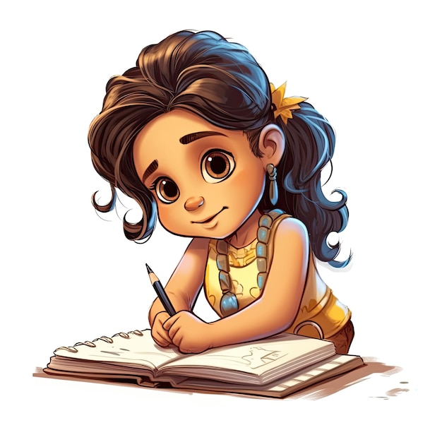 만화 스타일 AI 생성을 쓰는 귀여운 4살 라틴 소녀의 3d 그림