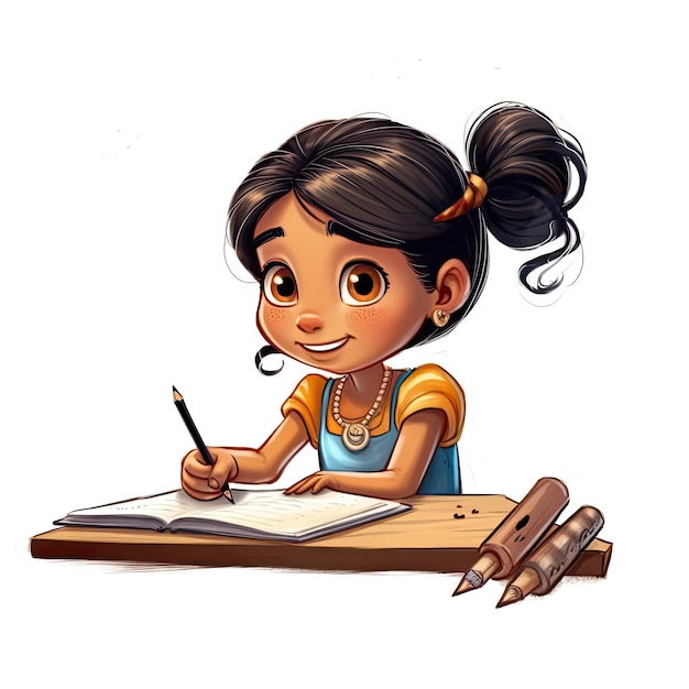 Photo 3d illustration of a cute 4 year old latin girl writing, cartoon style, ai generated