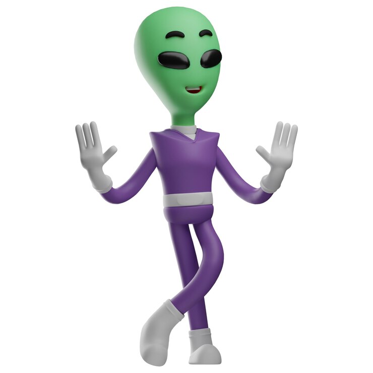 फोटो 3d illustration cute alien 3d characters with cool costumes with crossed legs forward pose