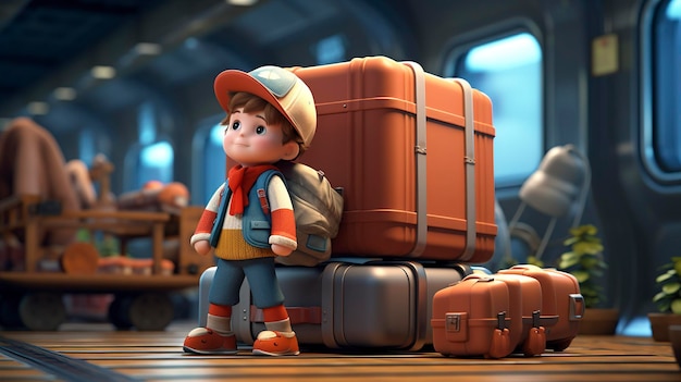 3D illustration of a cute animated character with luggage ready for travel