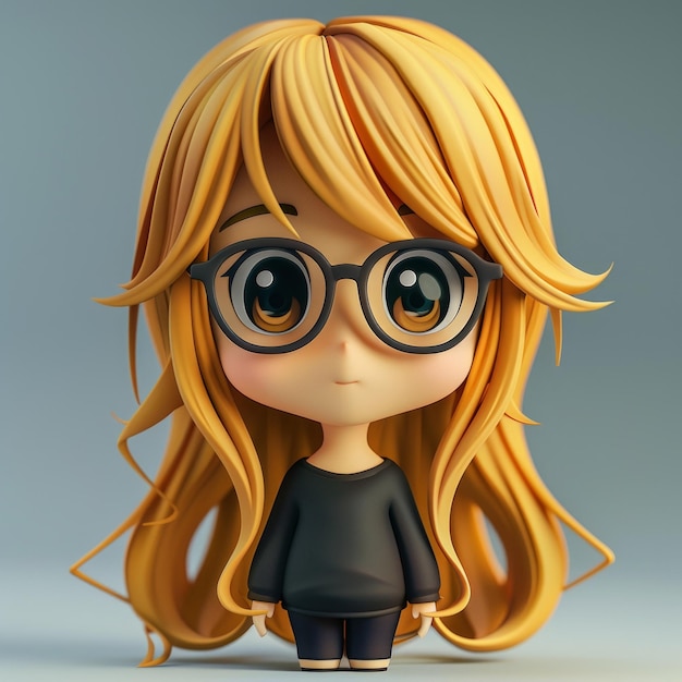 Foto illustrazione 3d di una carina anime con i capelli lunghi e biondi e occhi grandi che indossano occhiali