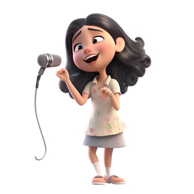 3D Illustration of a cute Asian girl singing with a microphone