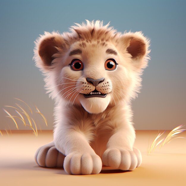 3D illustration of a cute baby lion