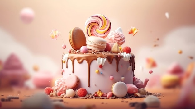 かわいい誕生日ケーキの3Dイラスト、サプライズ誕生日用の甘いケーキ、記念日やお祝い用、母の日、バレンタインデー、甘い食べ物、カップケーキ、生成AIイラスト