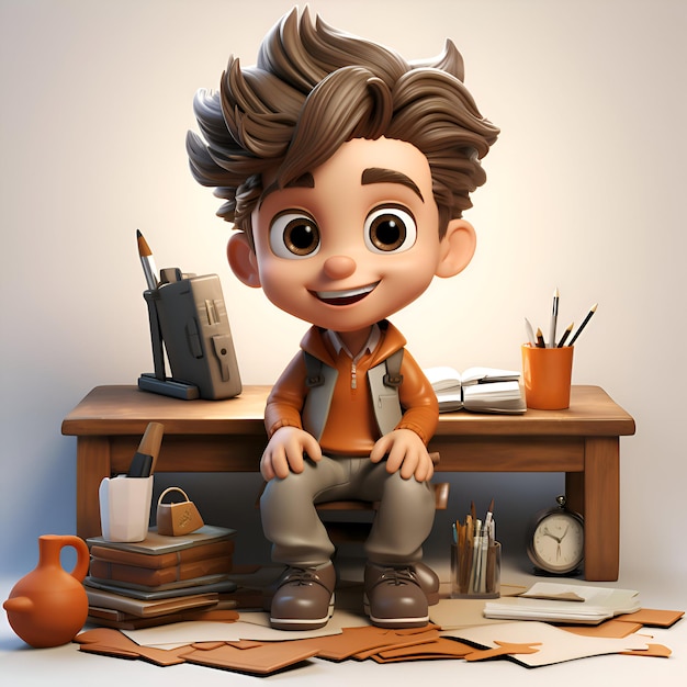 3D-иллюстрация милого мальчика, сидящего за столом в классе.
