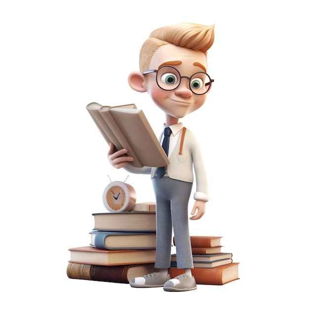 3d illustration of a cute boy with glasses and books isolated on white background