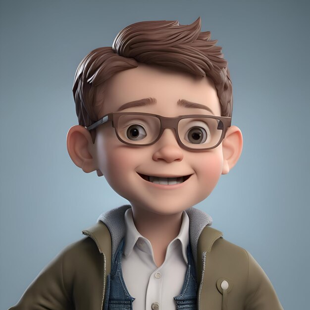Photo 3d illustration of a cute boy with glasses and a green jacket