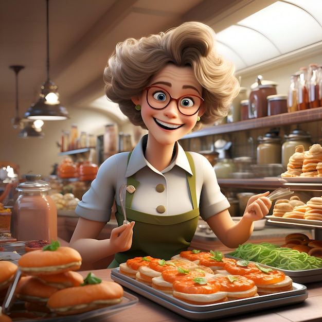 3D illustration of a cute cartoon character in a bakery shop