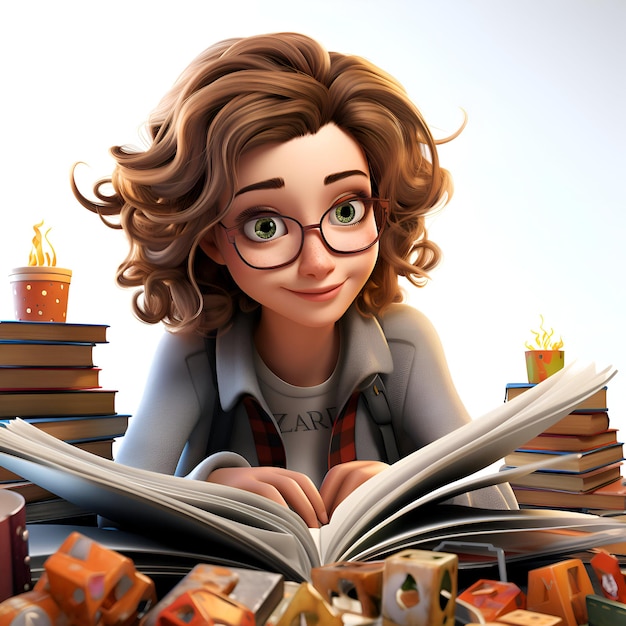 3D illustration of a cute cartoon girl reading a book Education concept