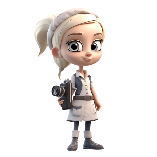 3D illustration of a cute cartoon girl with a camera Isolated white background