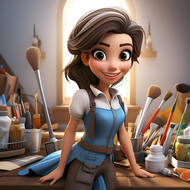 Photo 3d illustration of a cute cartoon girl with a paintbrushes