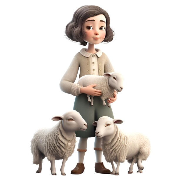 Photo 3d illustration of a cute cartoon girl with sheep on white background