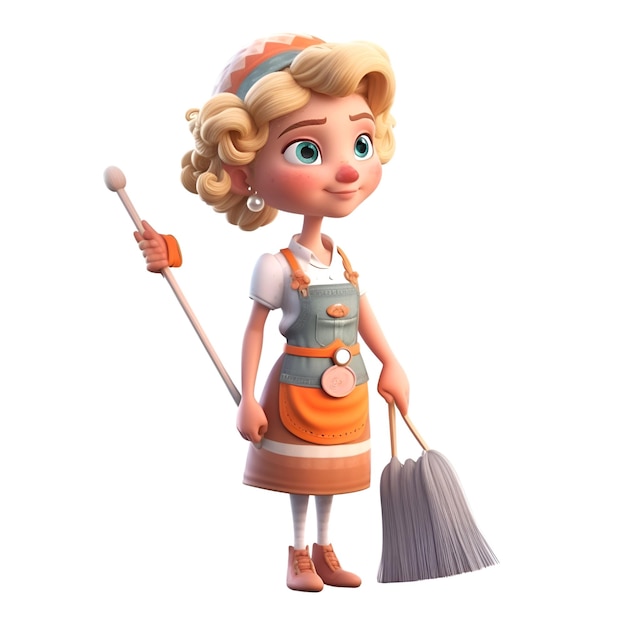 Photo 3d illustration of a cute cartoon maid with broom and apron
