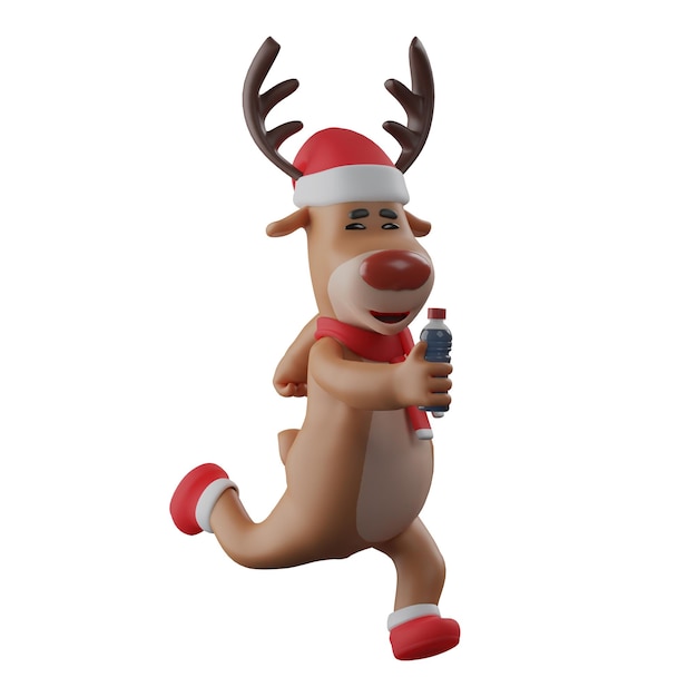 Photo 3d illustration cute face 3d christmas reindeer cartoon design holding coke bottle walk