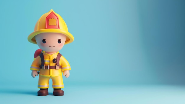 3D illustration of a cute firefighter wearing a yellow uniform and a helmet