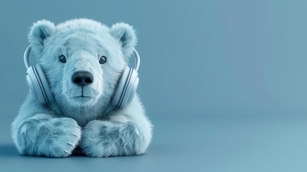 3D illustration of a cute and fluffy white polar bear wearing headphones