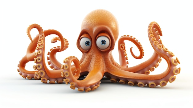 3D illustration of a cute and friendly octopus The octopus has big blue eyes and a warm orange color