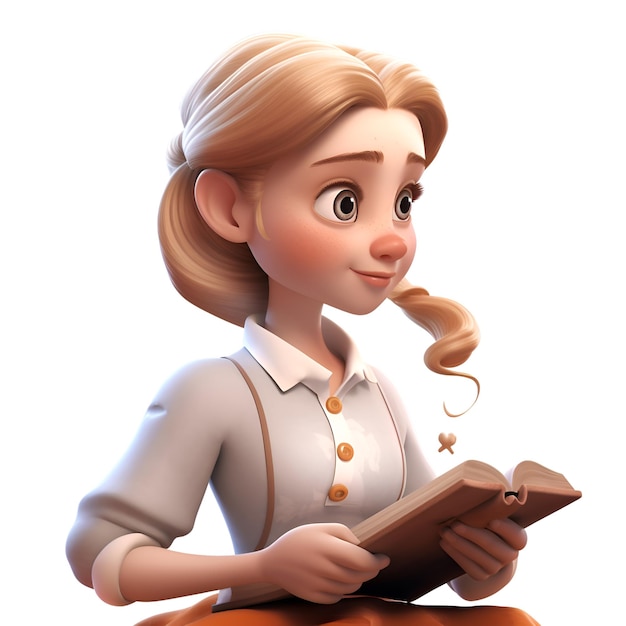 3d illustration of a cute girl reading a book isolated white background