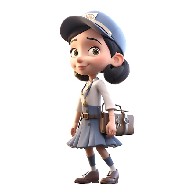 3D illustration of a cute girl wearing a police cap with a briefcase
