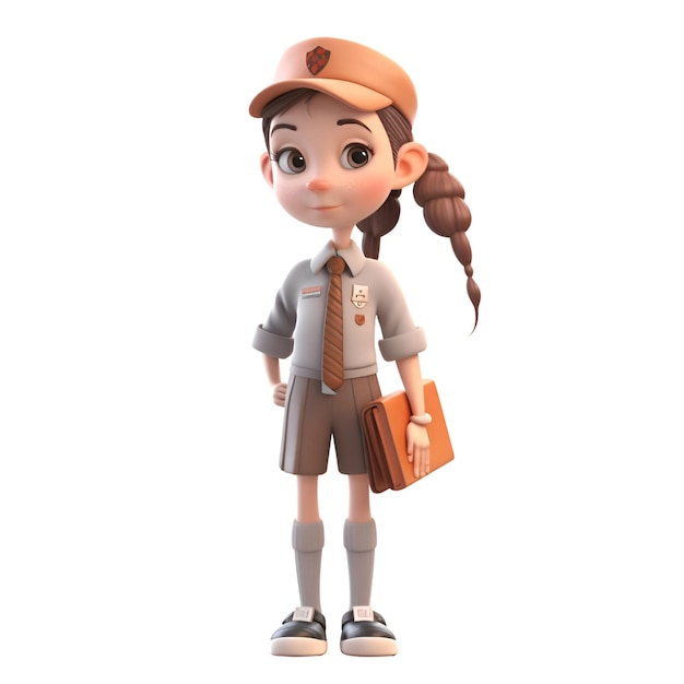 3D illustration of a cute girl with a backpack and a cap