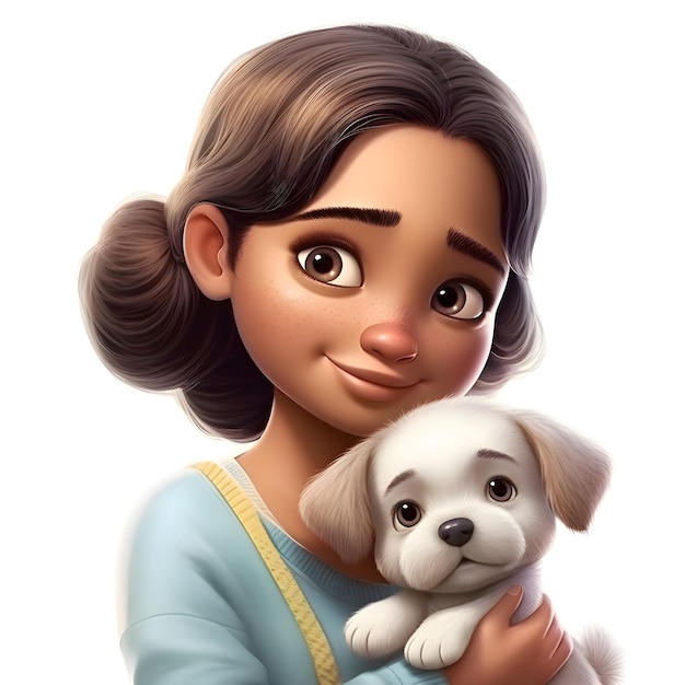 3D-иллюстрация милой девушки с щенком на белом фоне