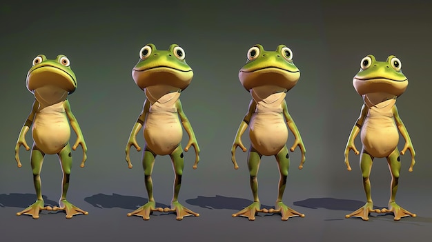 Photo 3d illustration of a cute green frog standing on all fours the frog has big round eyes a wide mouth and a long tongue