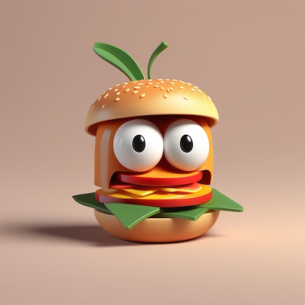 3D illustration of a cute hamburger with a burger and a tomato on a gray background fast food