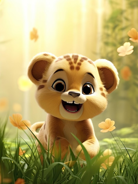 3D Illustration Cute happy animal on blurry background