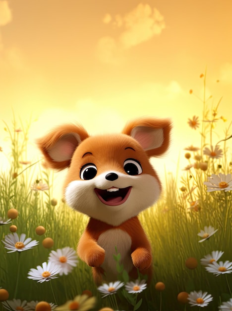 3D Illustration Cute happy animal on blurry background