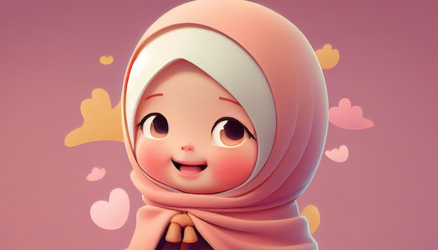 3D Illustration of cute hijab girl character